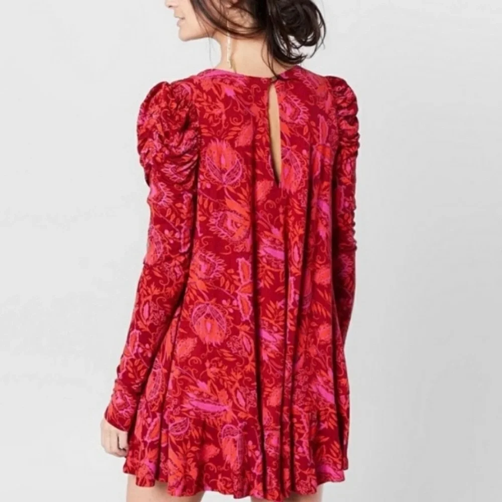 BOHO FREE PEOPLE HELLO LOVER V-NECK PUFF SLEEVE TUNIC DRESS FLOWY SILHOUETTE EUC